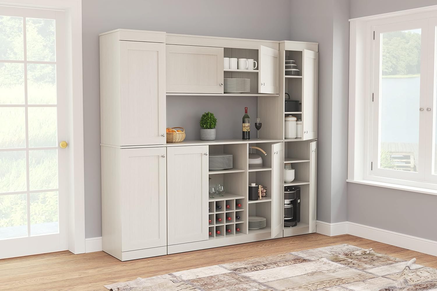 4-Piece Buffet Storage System with 2 Tall/Slim Cabinets, Washed Oak G9794