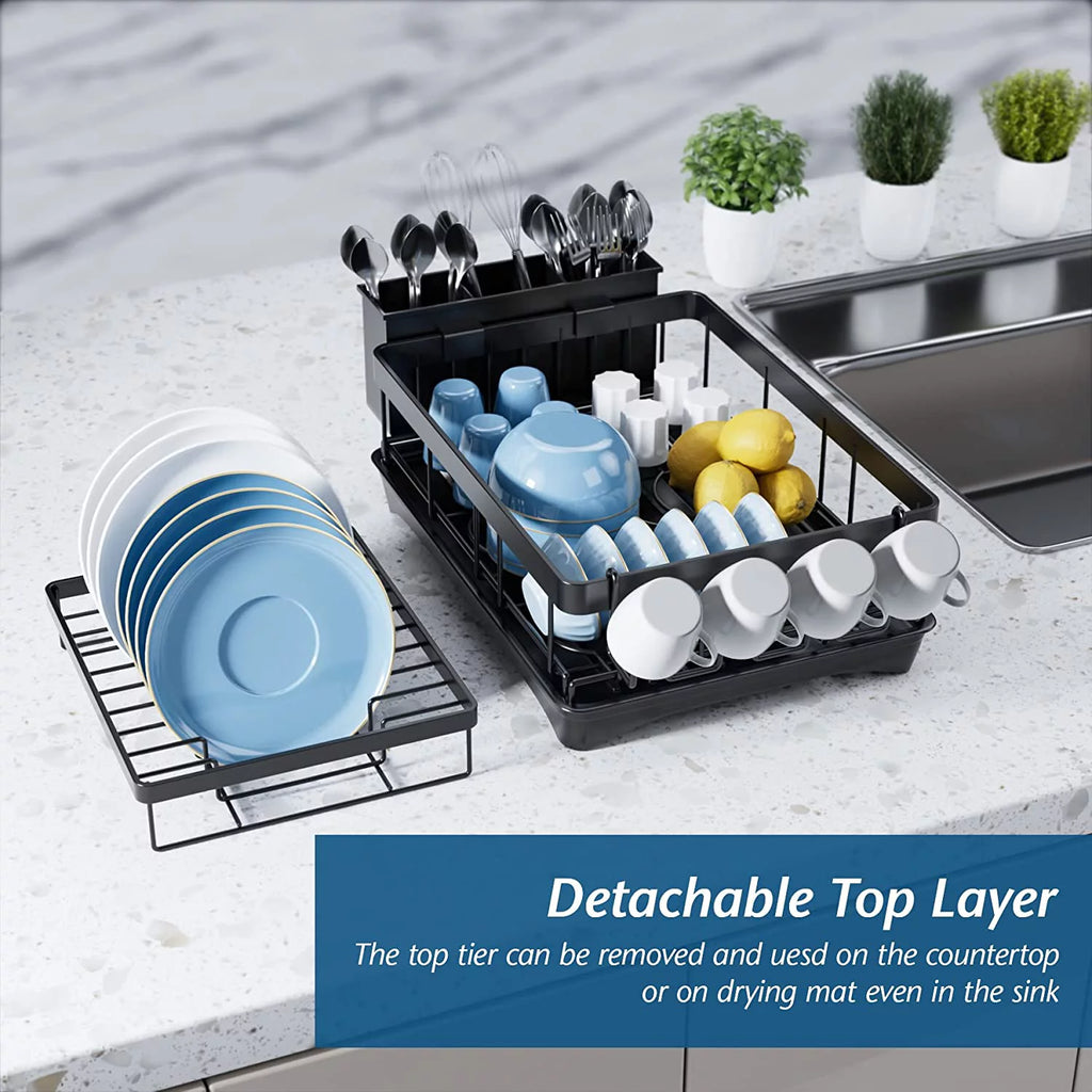 2 Tier Stainless Steel Dish Drying Rack with Drain Board U243