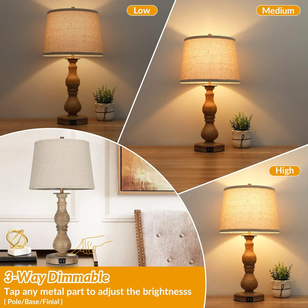 Set of 2 Touch Control Table Lamps with USB Ports, Cream Shades E164