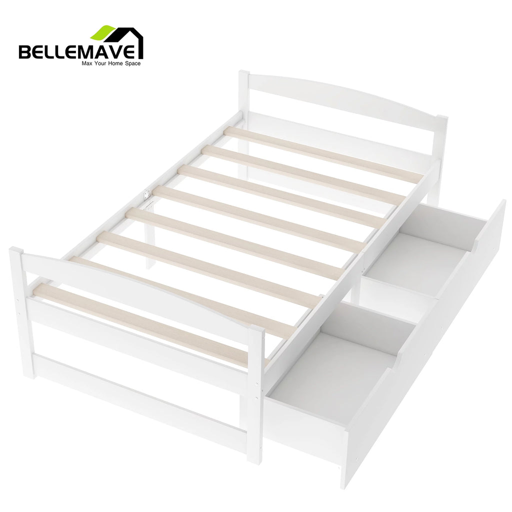 White Twin Size Platform Bed with 2 Drawers N820