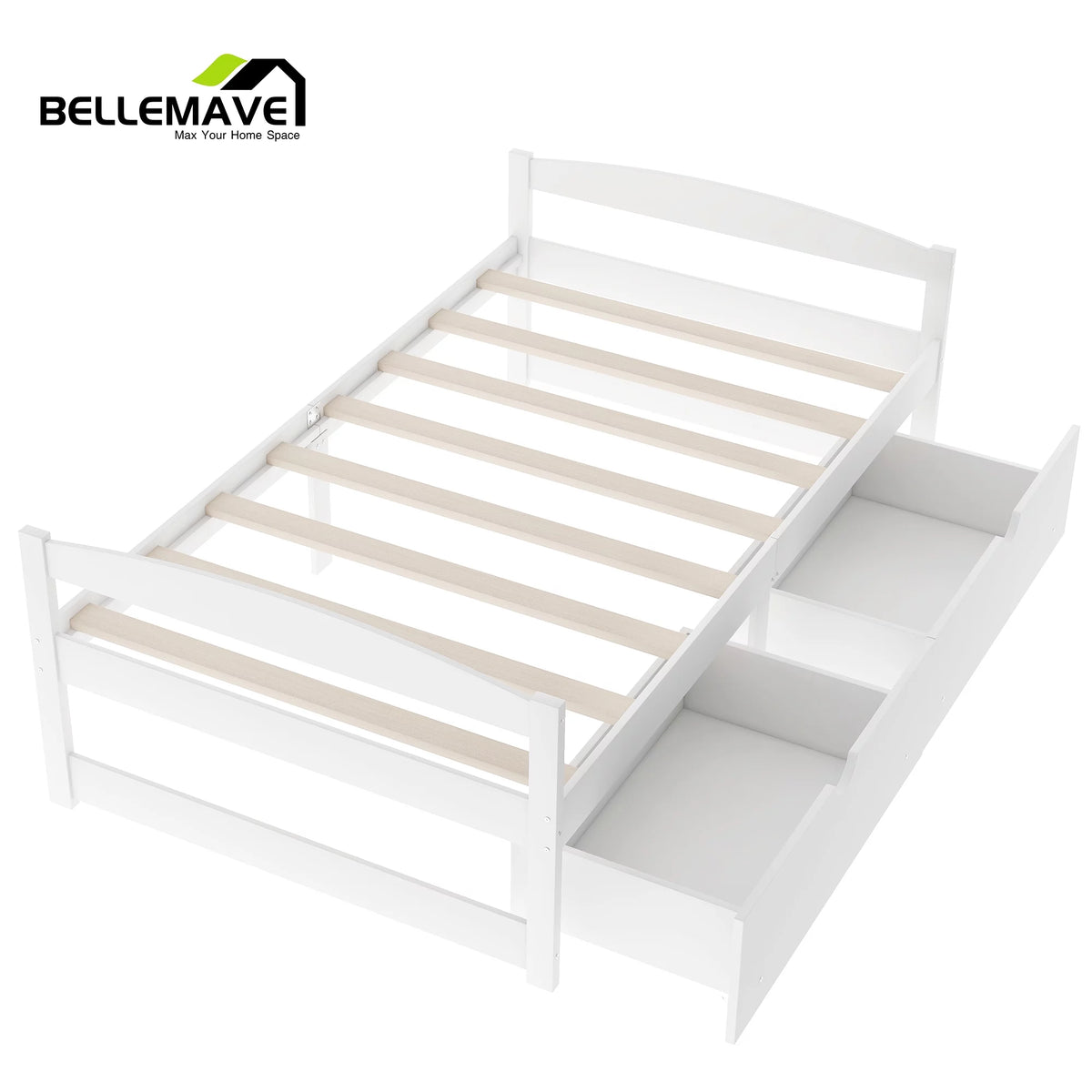 White Twin Size Platform Bed with 2 Drawers N820