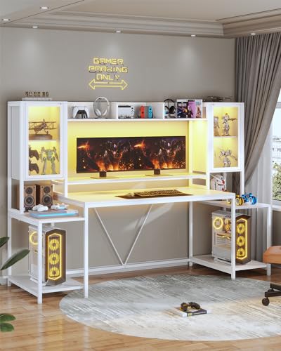White 74.8'' Gaming Desk with LED Lights, Hutch and Storage Shelves P119