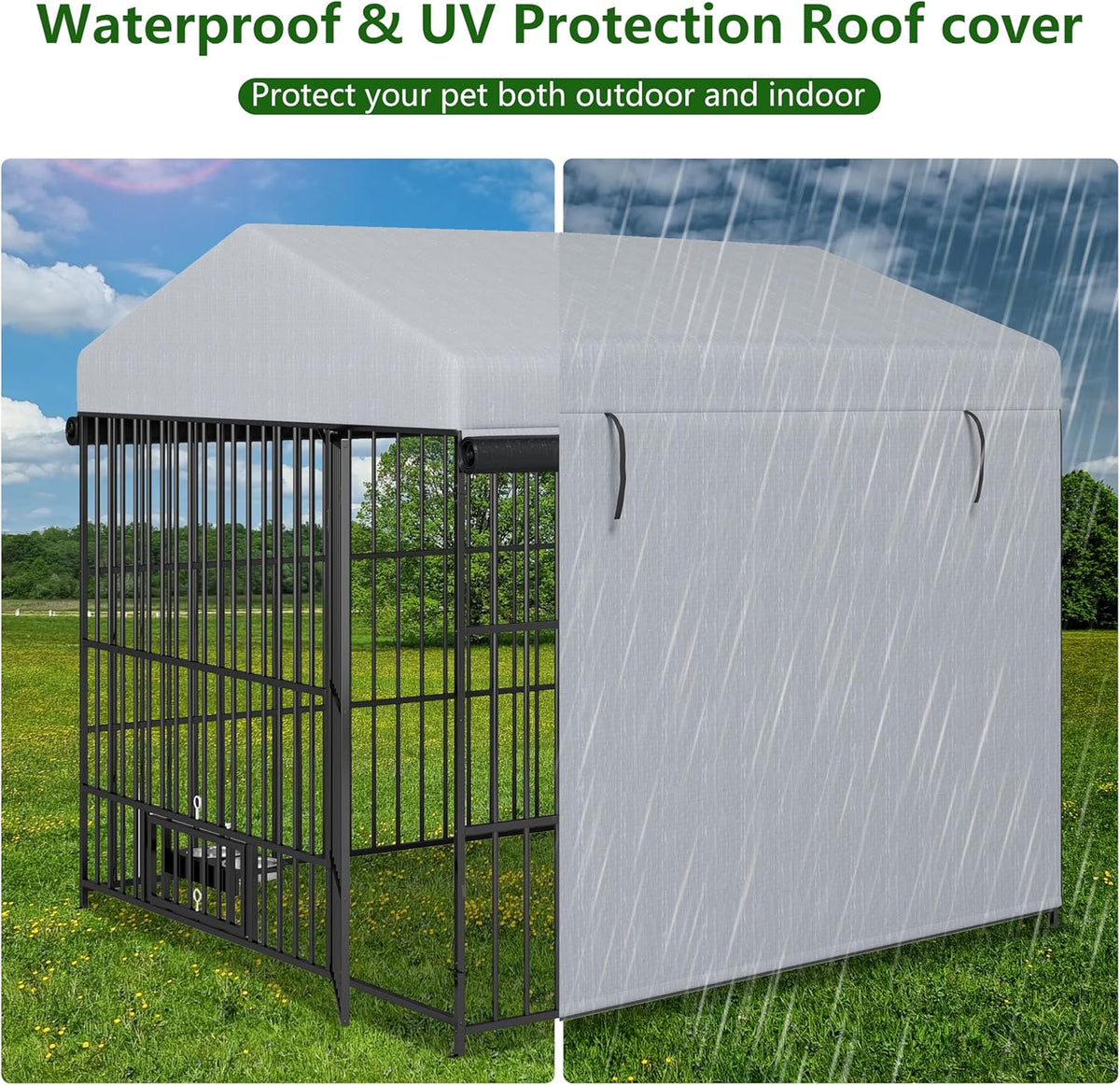 Large Outdoor Metal Dog Kennel with Waterproof Cover Roof (6.6'L x 6.6'W x 6.4'H) O700