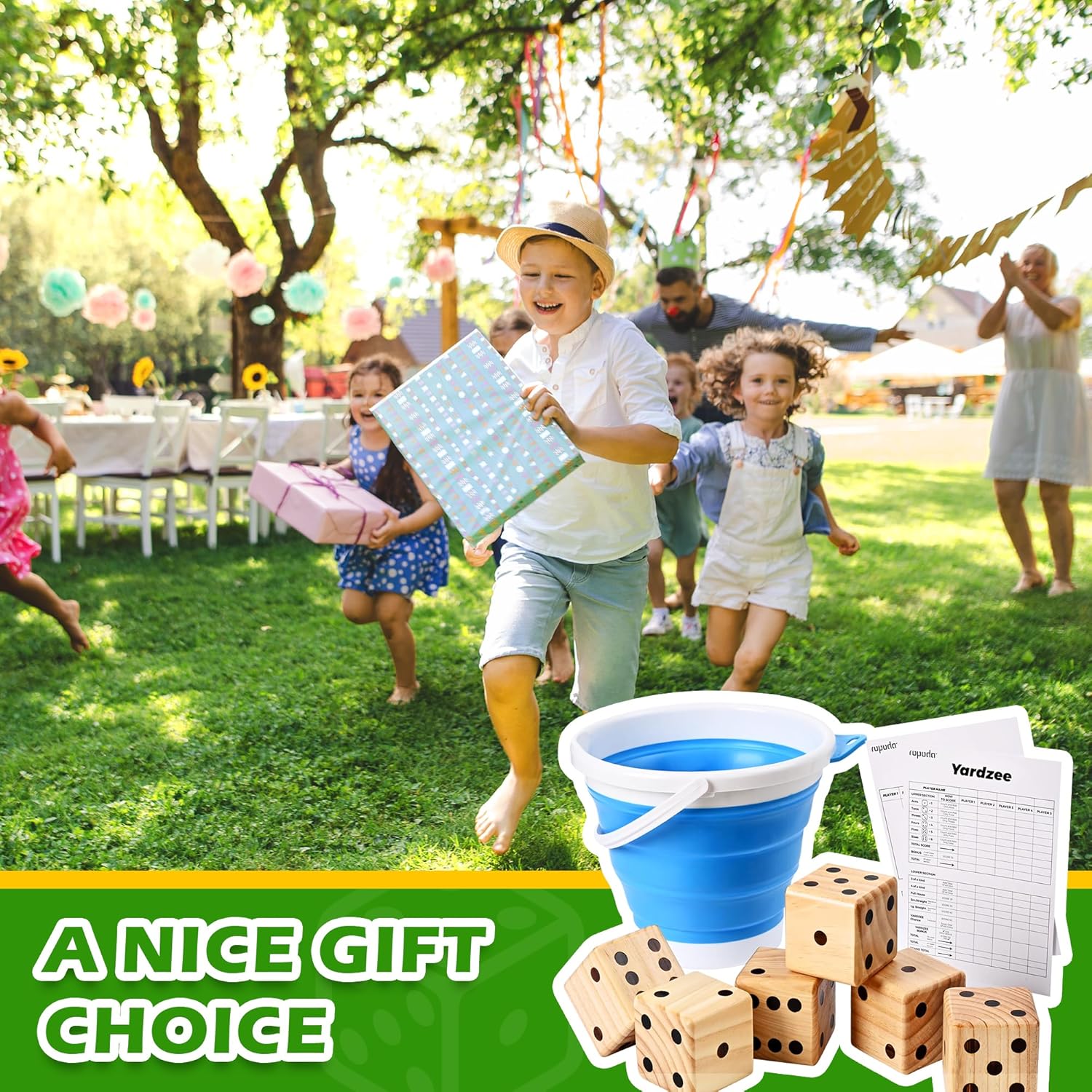 3.5" Wooden Yard Dice Set includes 6 Dice, Collapsible Bucket, Score Cards & Dry Erase Marker H263