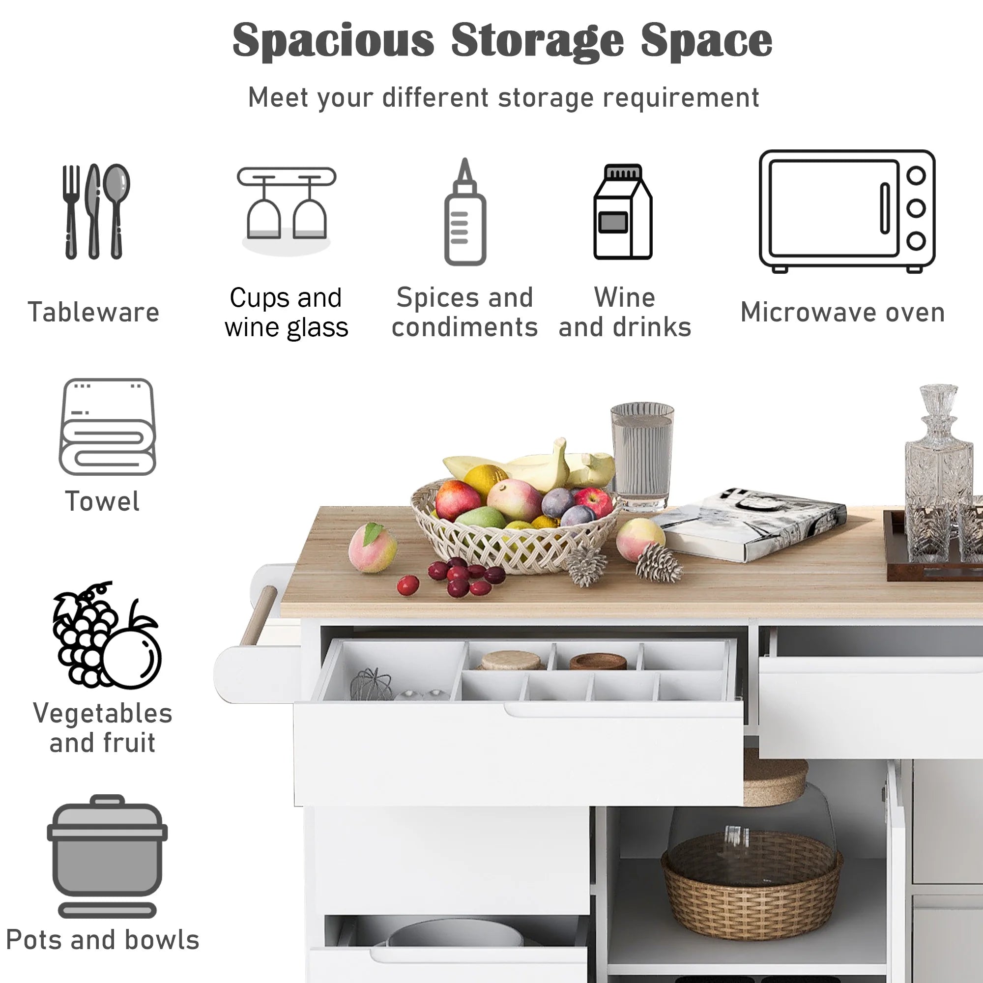 Rolling Kitchen Island with Storage, Rubber Wood Mobile Kitchen Cart with Lockable Wheels, Drawers, Shelves T324419