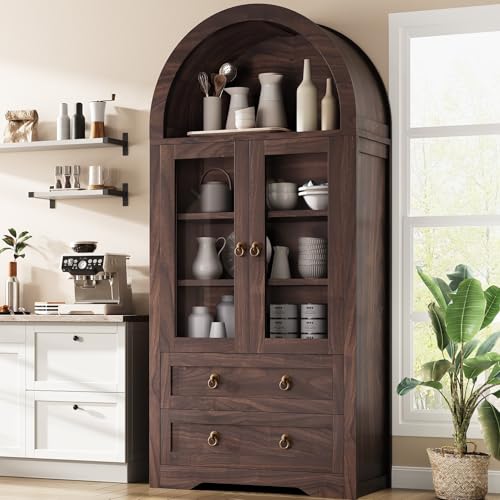 Brown Arched Bookshelf Pantry Storage Cabinet with Drawers Doors and Shelves E577703