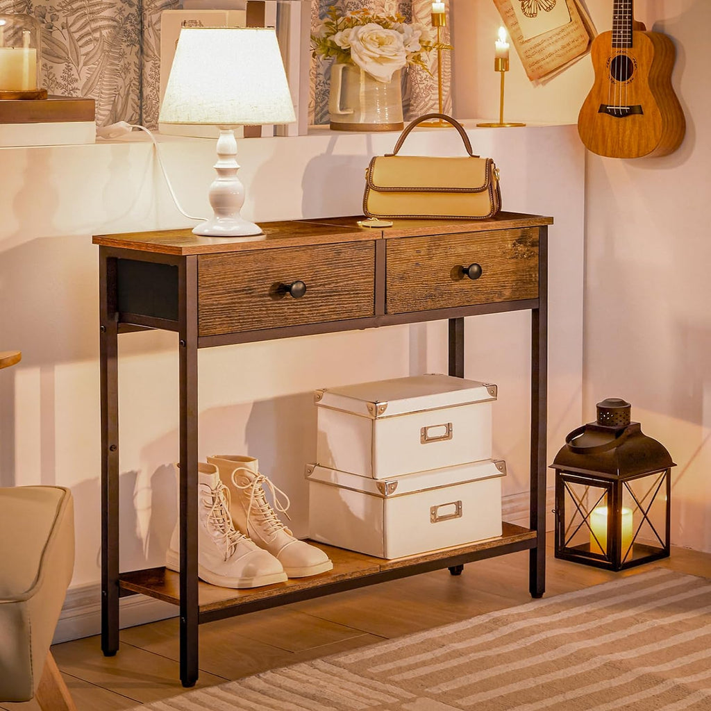 Rustic Brown and Black Narrow Console Table with 2 Fabric Drawers K707