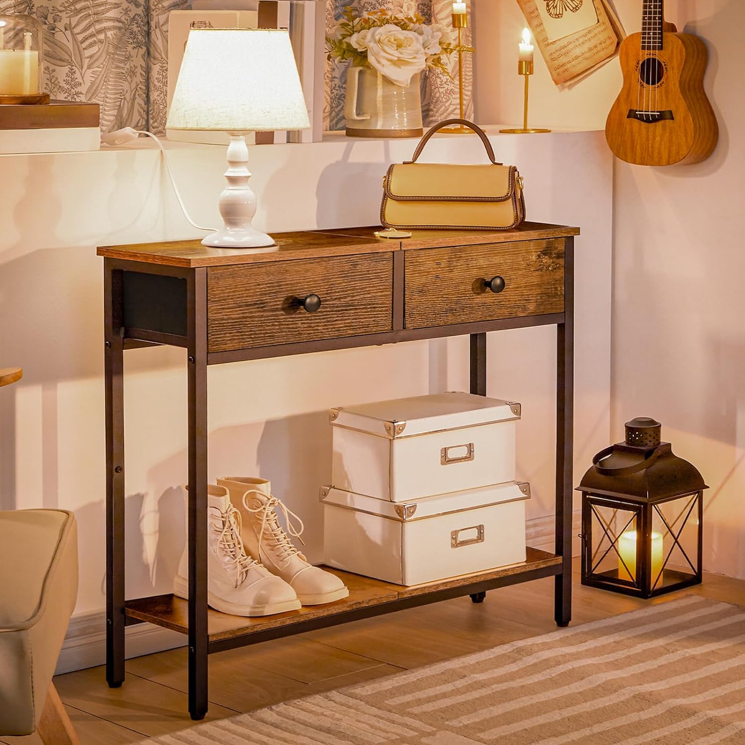 Rustic Brown and Black Narrow Console Table with 2 Fabric Drawers K707