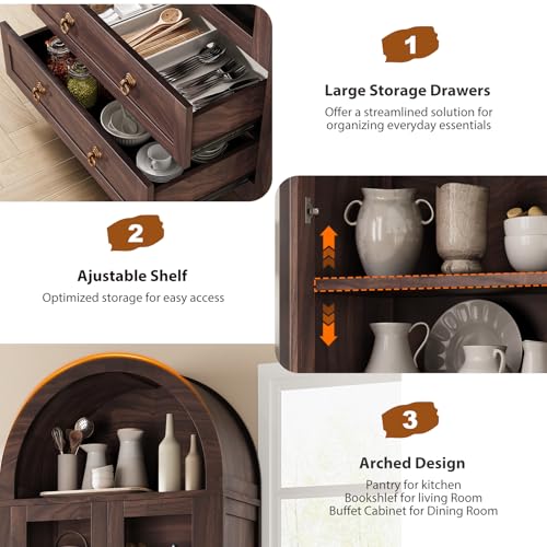 Brown Arched Bookshelf Pantry Storage Cabinet with Drawers Doors and Shelves E577703