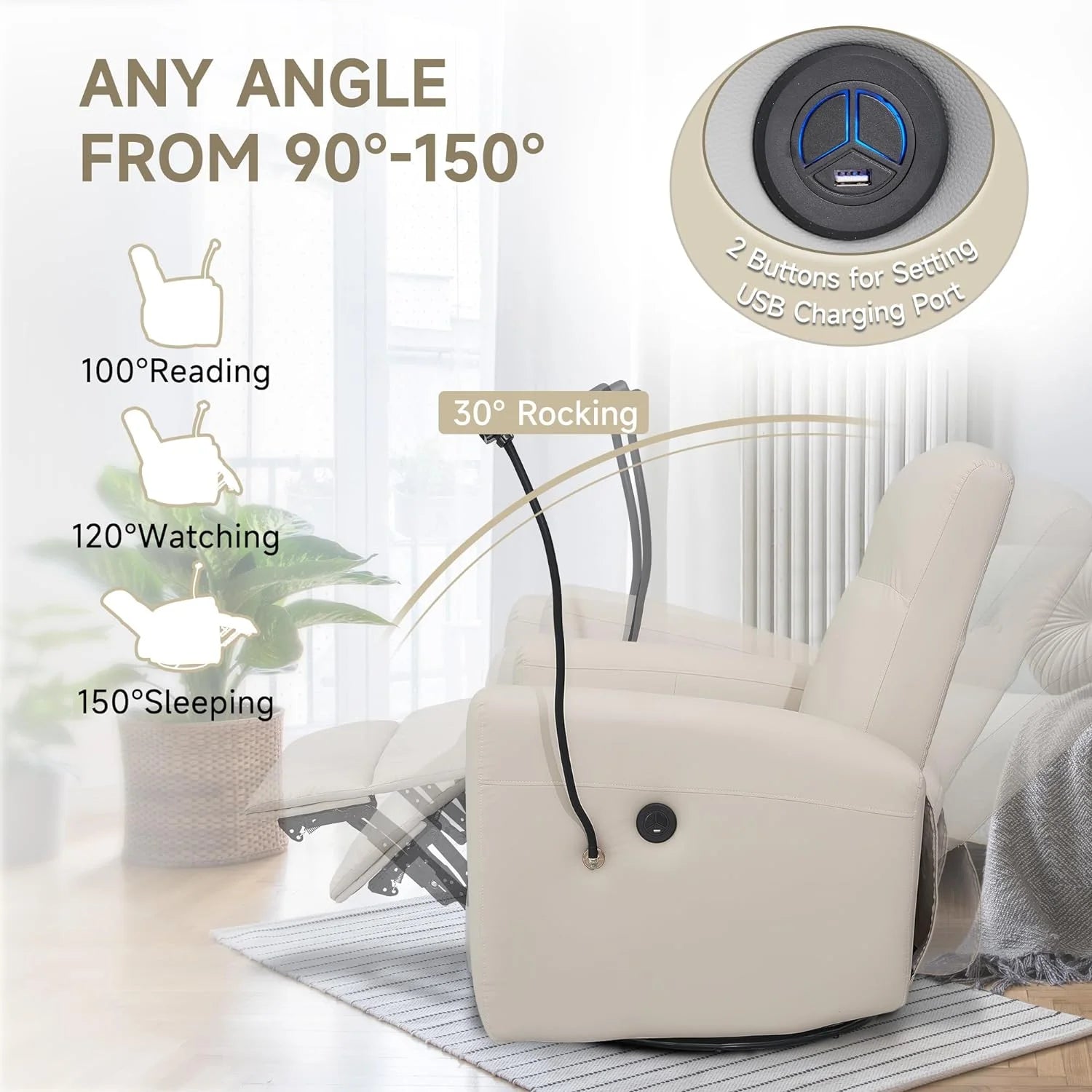 Creamy White Swivel Rocking Power Recliner Chair with USB Port W8282