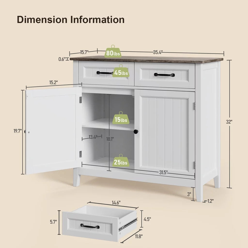 Grey Kitchen Sideboard Buffet Cabinet with Drawers and Adjustable Shelf T7107