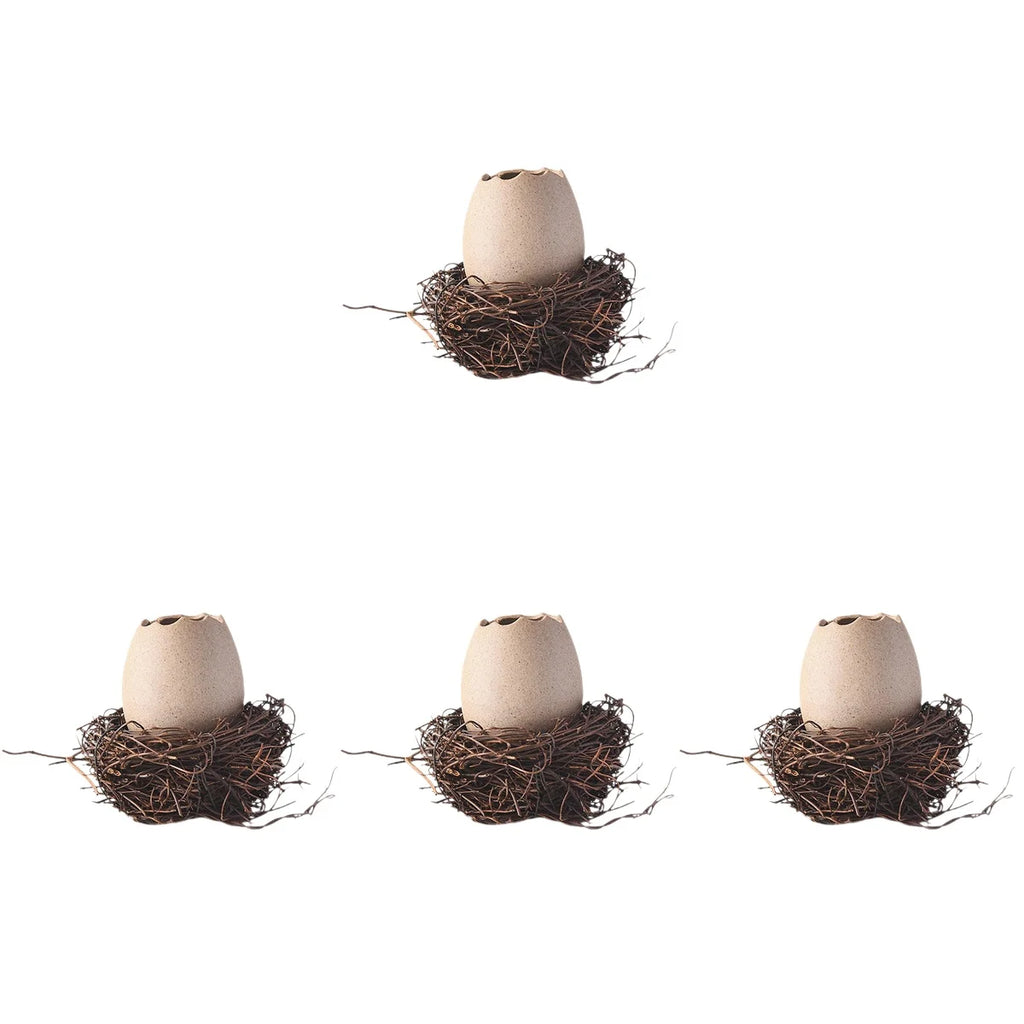4 Sets Small Ceramic Vase Succulent Planter with Bird Nest V94560