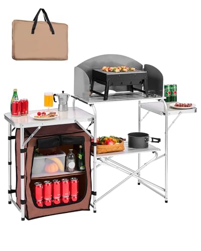 Brown Aluminum Folding Camping Kitchen Table with Storage Carrying Bag B147501