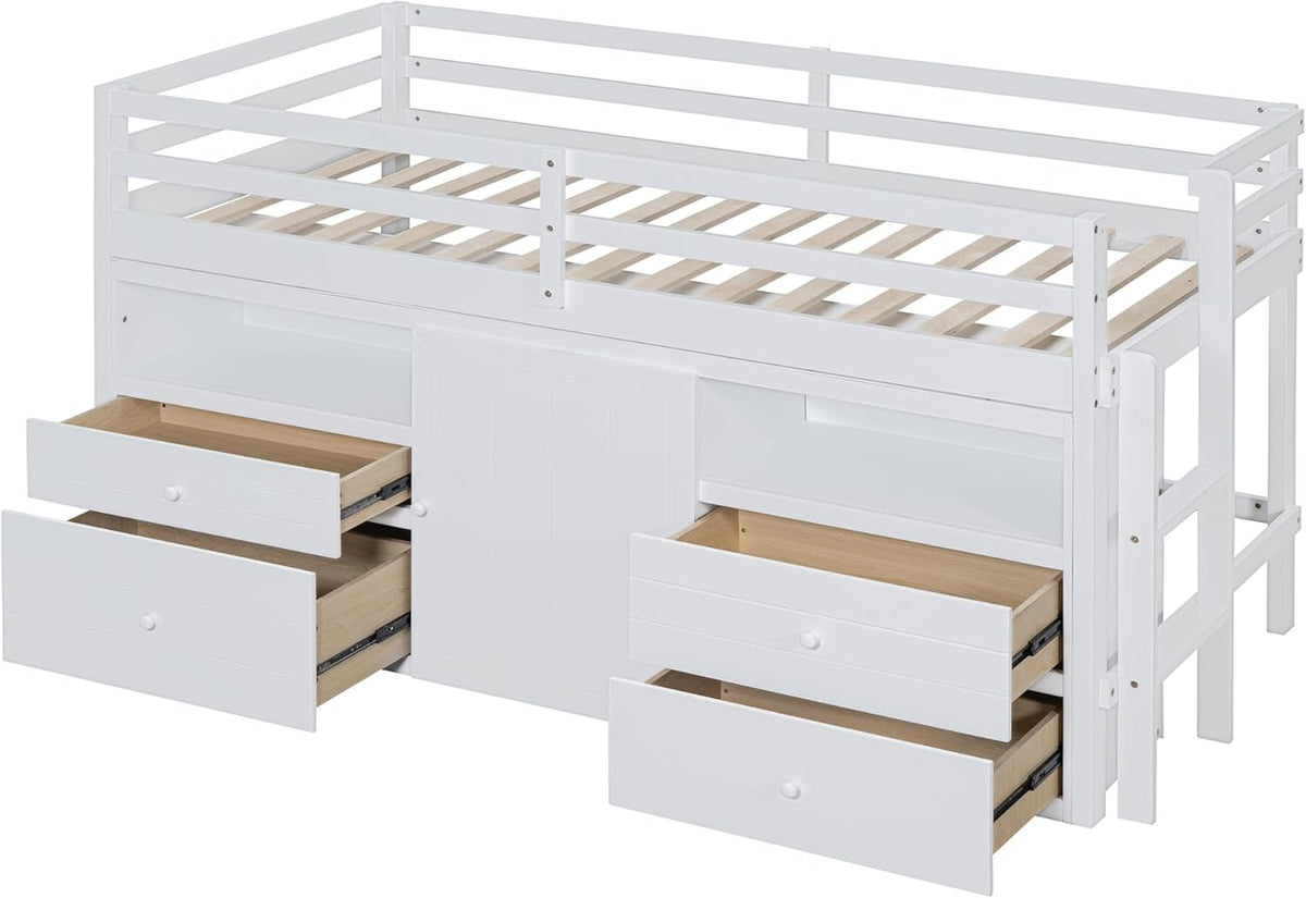 White Wooden Twin Size Loft Bed with 4 Drawers W35536