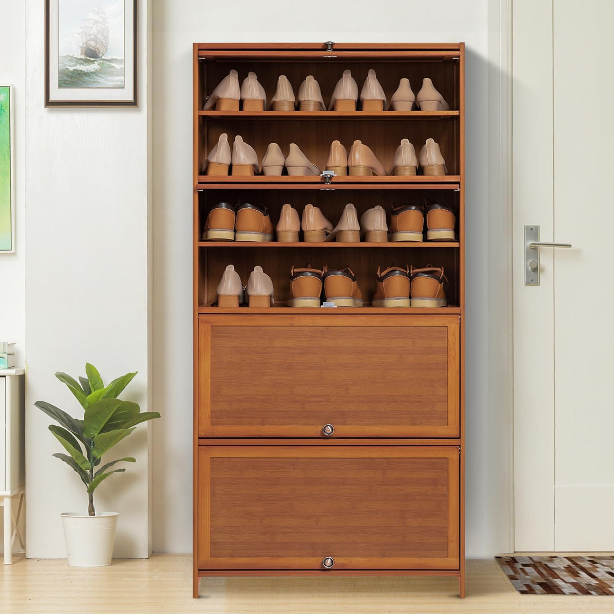 Bamboo 8 Tier Shoe Shelf Storage Rack with Flip Doors Y718089