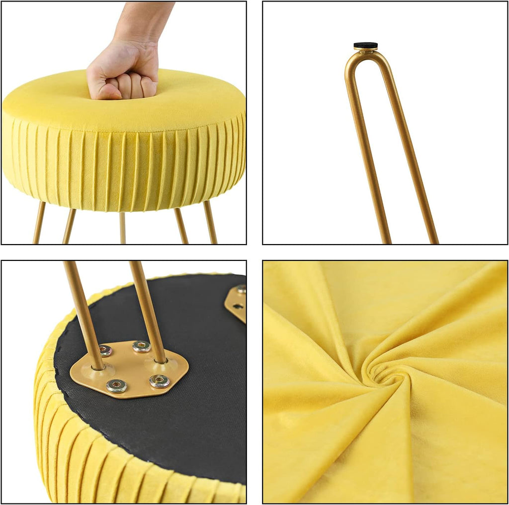 Yellow Velvet Round Vanity Chair with Golden Metal Legs B716