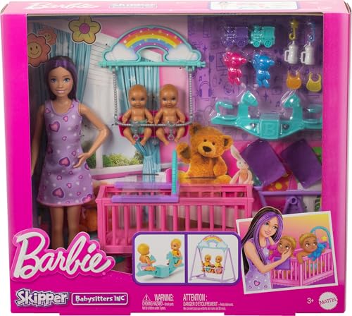 Skipper Doll & Nursery Playset with Accessories, Includes Twin Baby Dolls, 1 Crib, 1 Swing, 1 See-Saw U406045