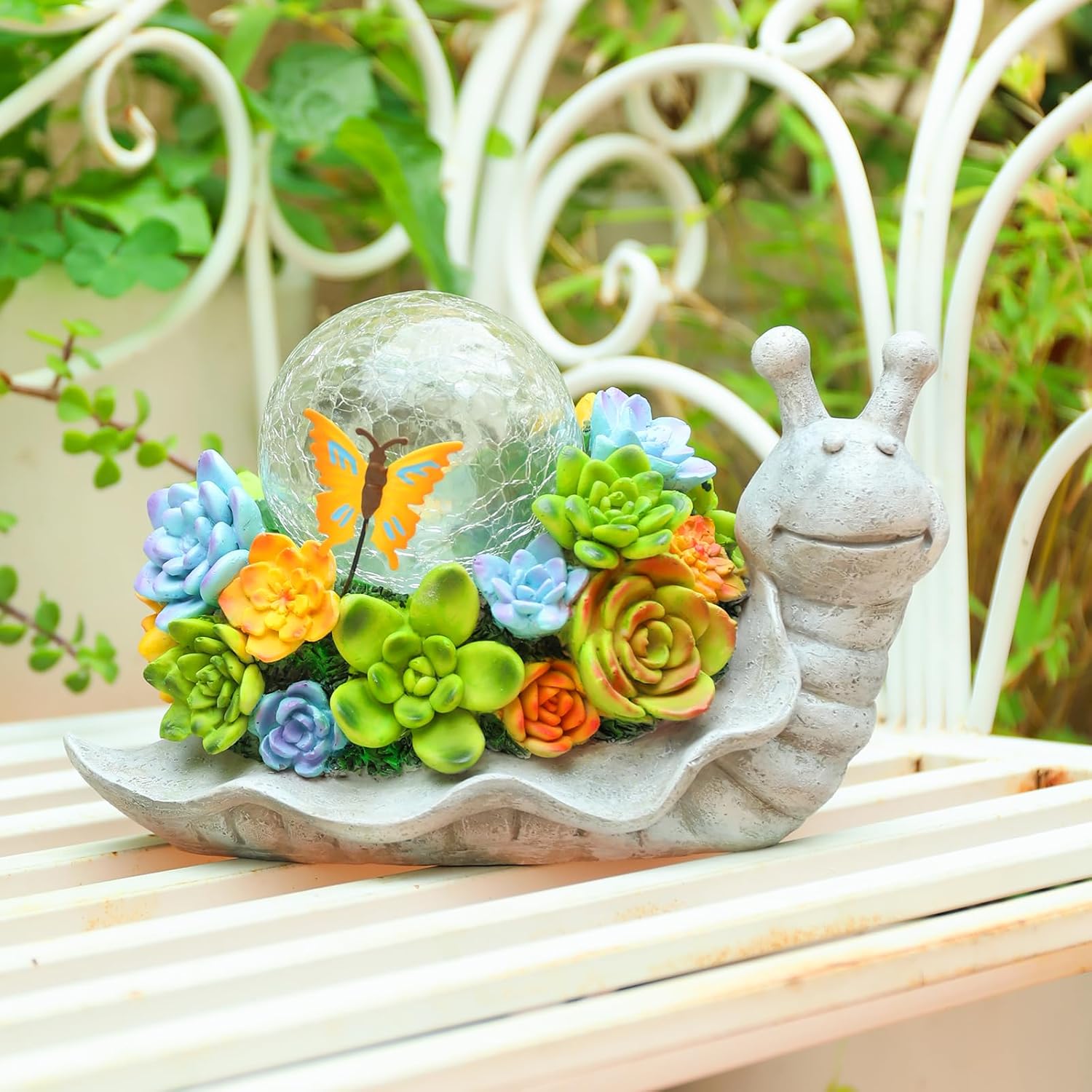 Solar Garden Snail Statue with Succulent and Solar Lights N75950