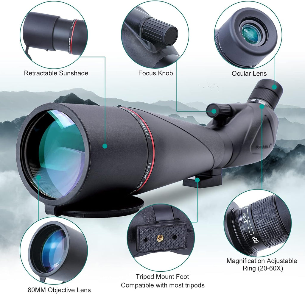 20-60x80 Waterproof BAK4 Spotting Scope with Tripod E116