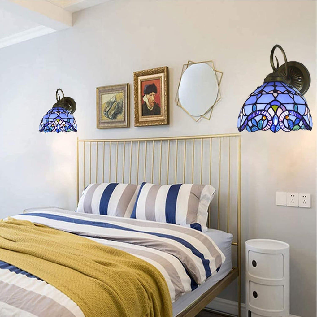 Set of Two Hand-Made Stained Glass Wall Sconce Light Fixtures, Blue R7373