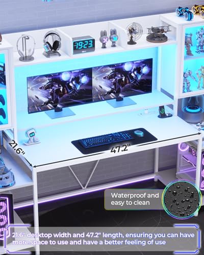 White 74.8'' Gaming Desk with LED Lights, Hutch and Storage Shelves P119