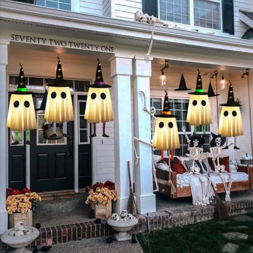 Set of 4 Halloween Hanging Ghosts with Witch Hat J679