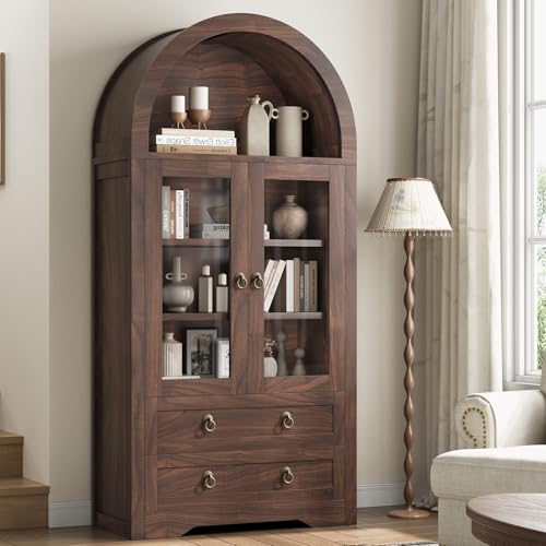 Brown Arched Bookshelf Pantry Storage Cabinet with Drawers Doors and Shelves E577703