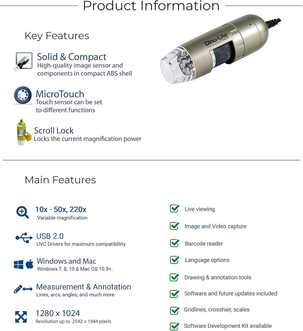 USB Digital Microscope, 1.3MP, 10x - 50x, 220x Optical Magnification J63674