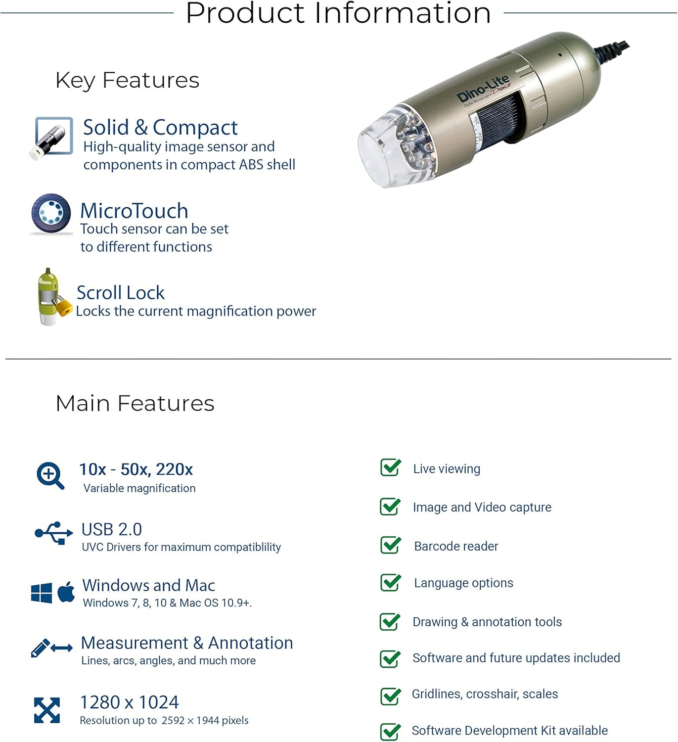 USB Digital Microscope, 1.3MP, 10x - 50x, 220x Optical Magnification J63674