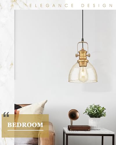 7.5" Farmhouse Pendant Lighting with Clear Seeded Glass Shade, Gold Wood Paint Finish Y76645
