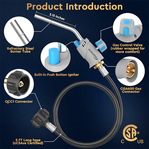 Propane Torch Head with Igniter, Trigger Start, 5FT Hose, Self Ignition, Flame Adjustable Valve M101