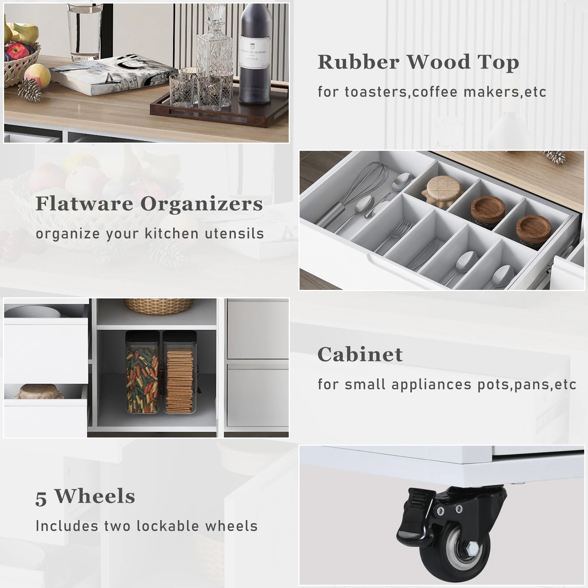 Rolling Kitchen Island with Storage, Rubber Wood Mobile Kitchen Cart with Lockable Wheels, Drawers, Shelves T324419