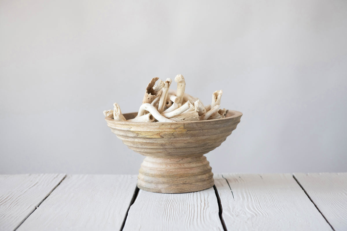 Ridged Mango Wood Footed Bowl D313777