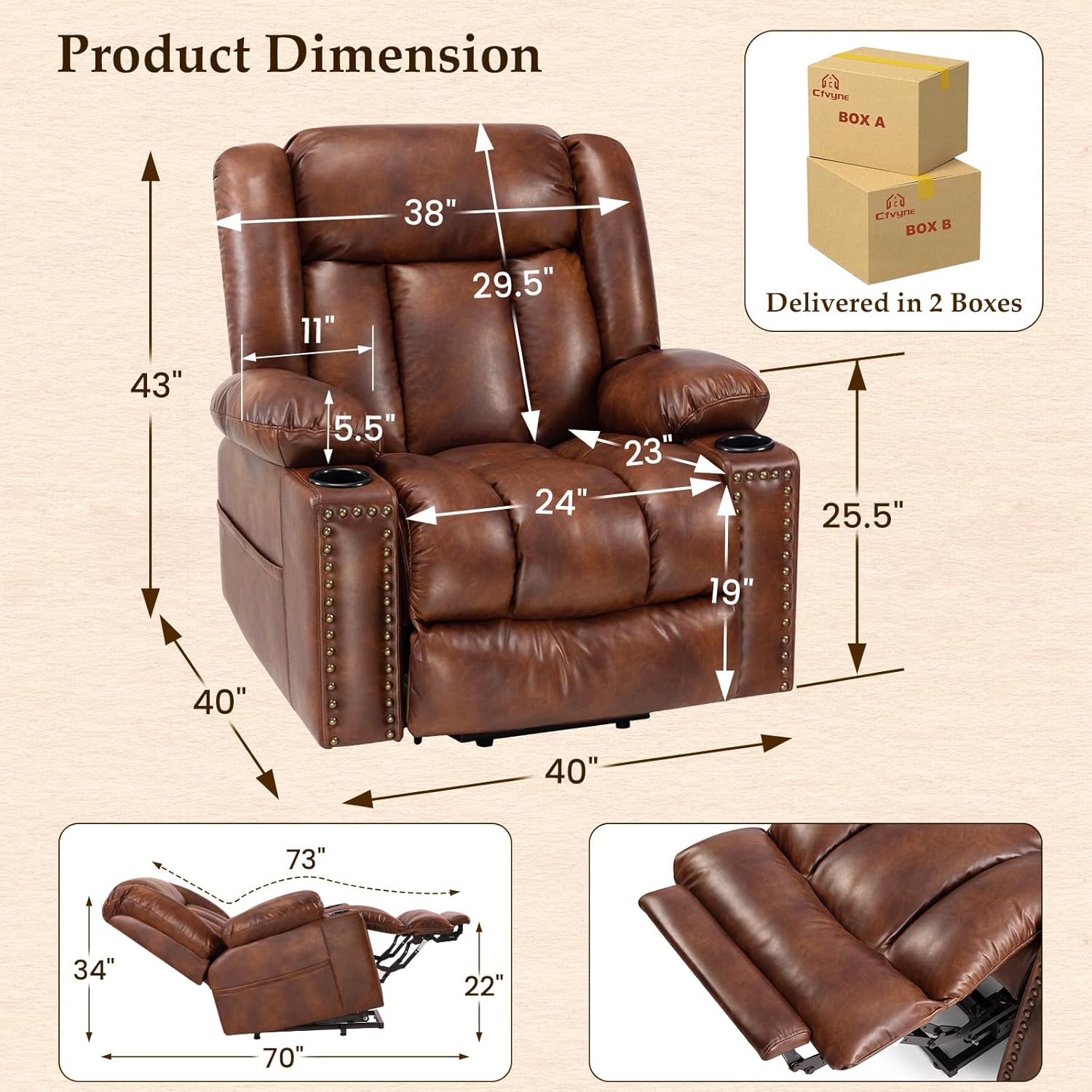 Large Power Lift Recliner with Extended Footrest, Heat and Massage X628477
