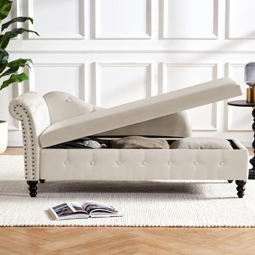 Beige Tufted Velvet Chaise Lounge with Storage W28441