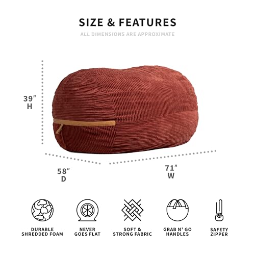 Deep Terracotta Corded Plush 6 feet Foam Filled Bean Bag Chair with Removable Cover T400448