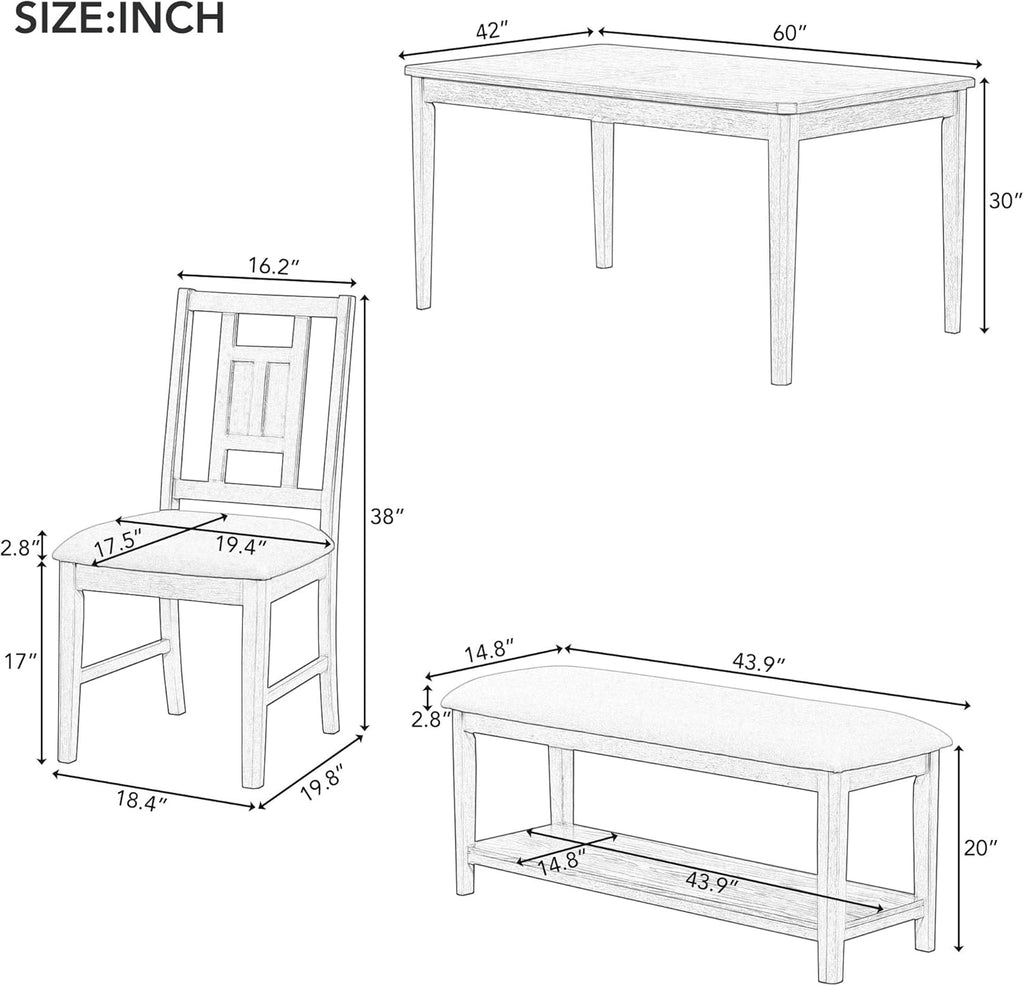 6-Piece Dining Table Set with 4 Upholstered Chairs and 1 Bench, Solid Wood, Dark Gray R132579