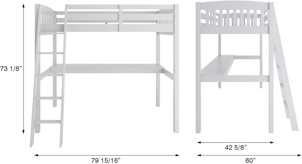 White High Loft Bed with Desk and Storage, Solid Wood Twin Size Loft Bed Frame with Stairs H677777