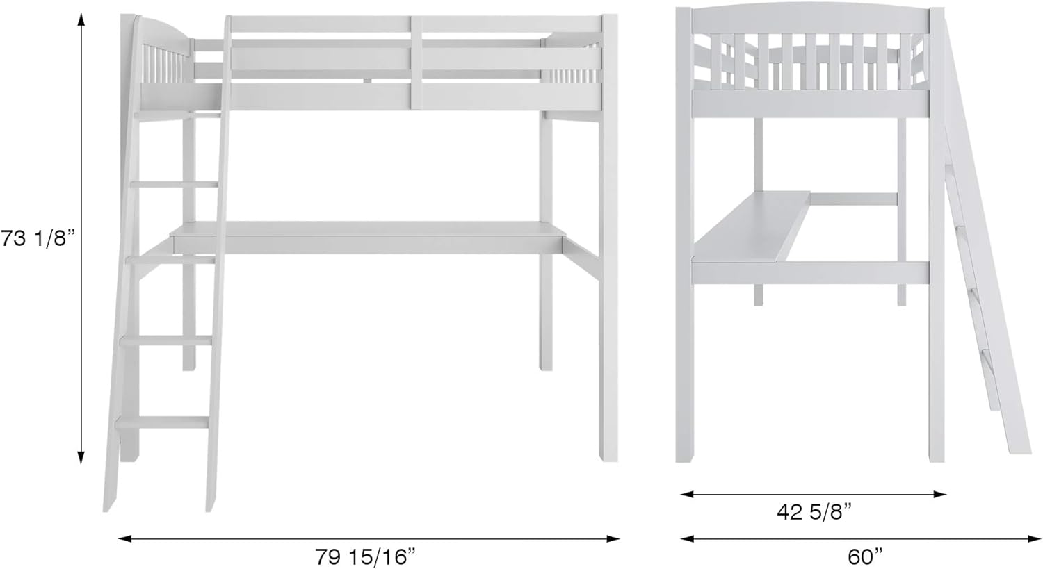 White High Loft Bed with Desk and Storage, Solid Wood Twin Size Loft Bed Frame with Stairs H677777