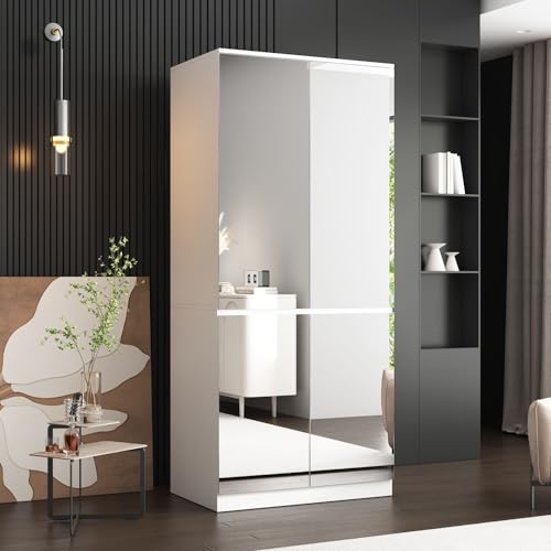 White 4 Door Mirrored Wardrobe Closet with Hanging Rod R46740