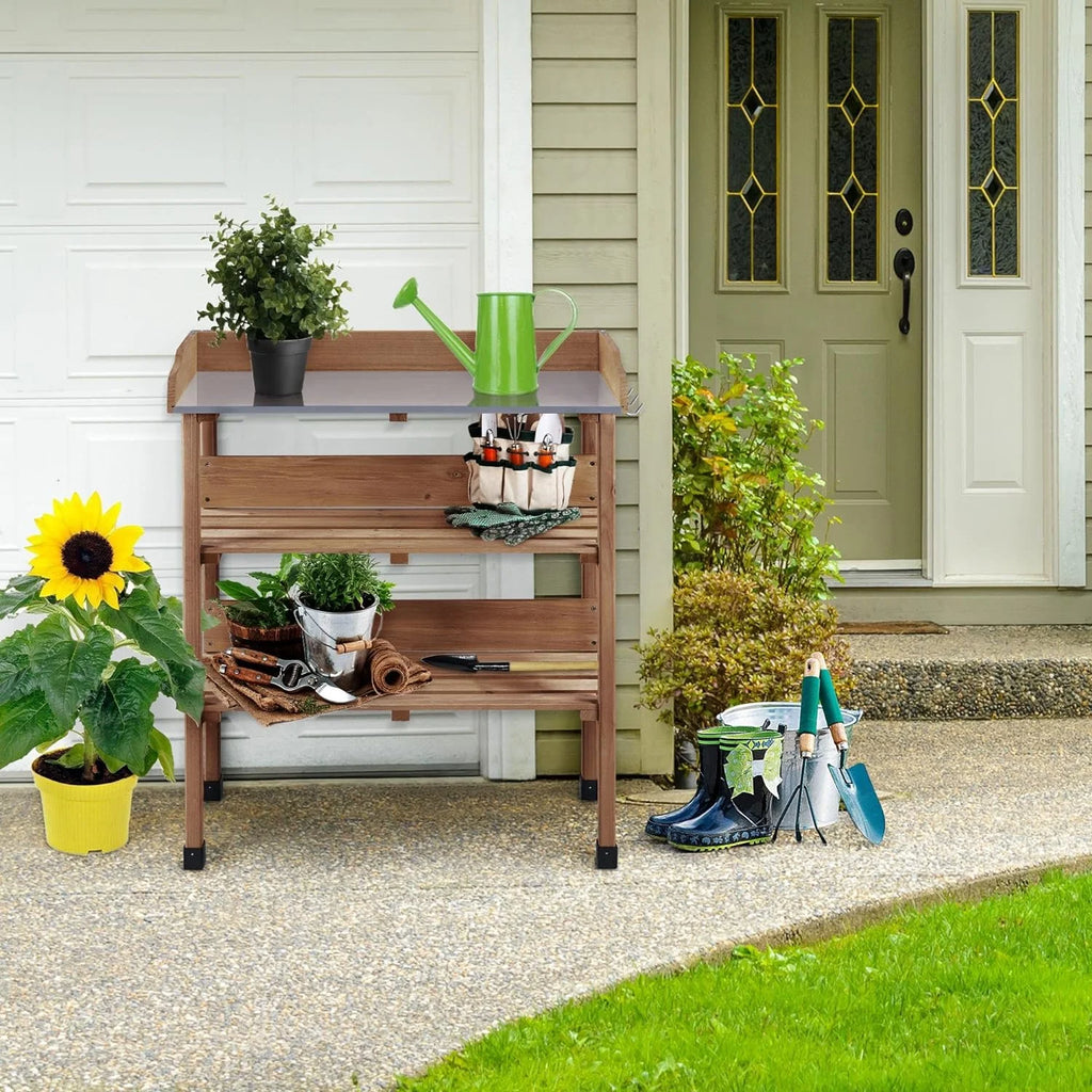 Brown Wooden Potting Bench with Metal Tabletop and Storage Shelf G62342