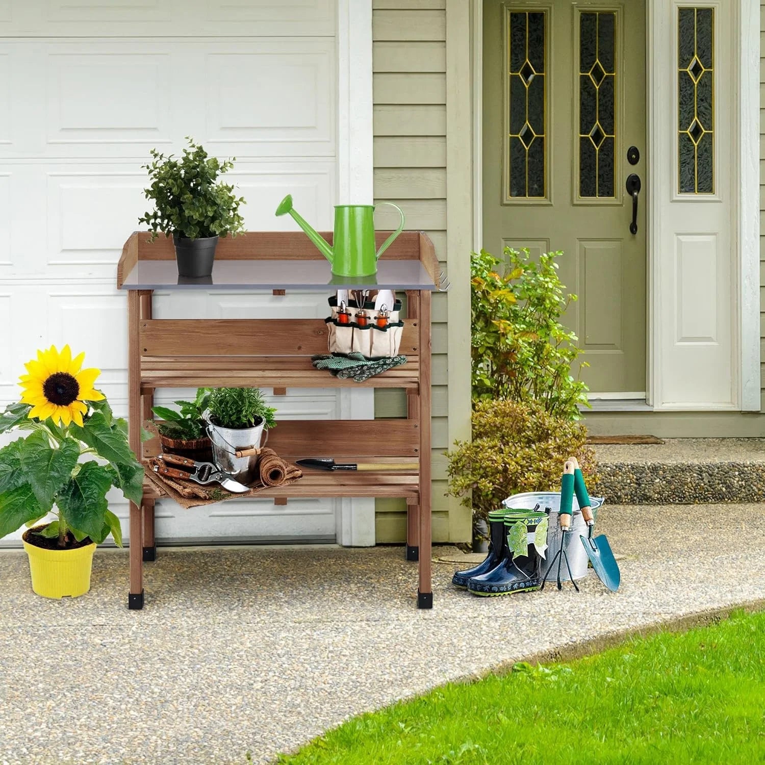 Brown Wooden Potting Bench with Metal Tabletop and Storage Shelf G62342