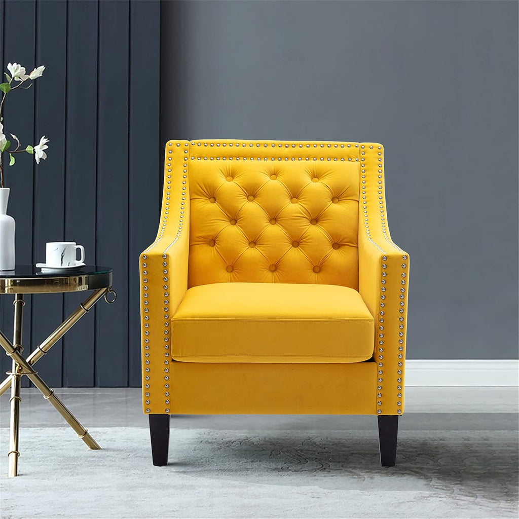 Yellow Velvet Accent Chairs with Wood Legs O42160
