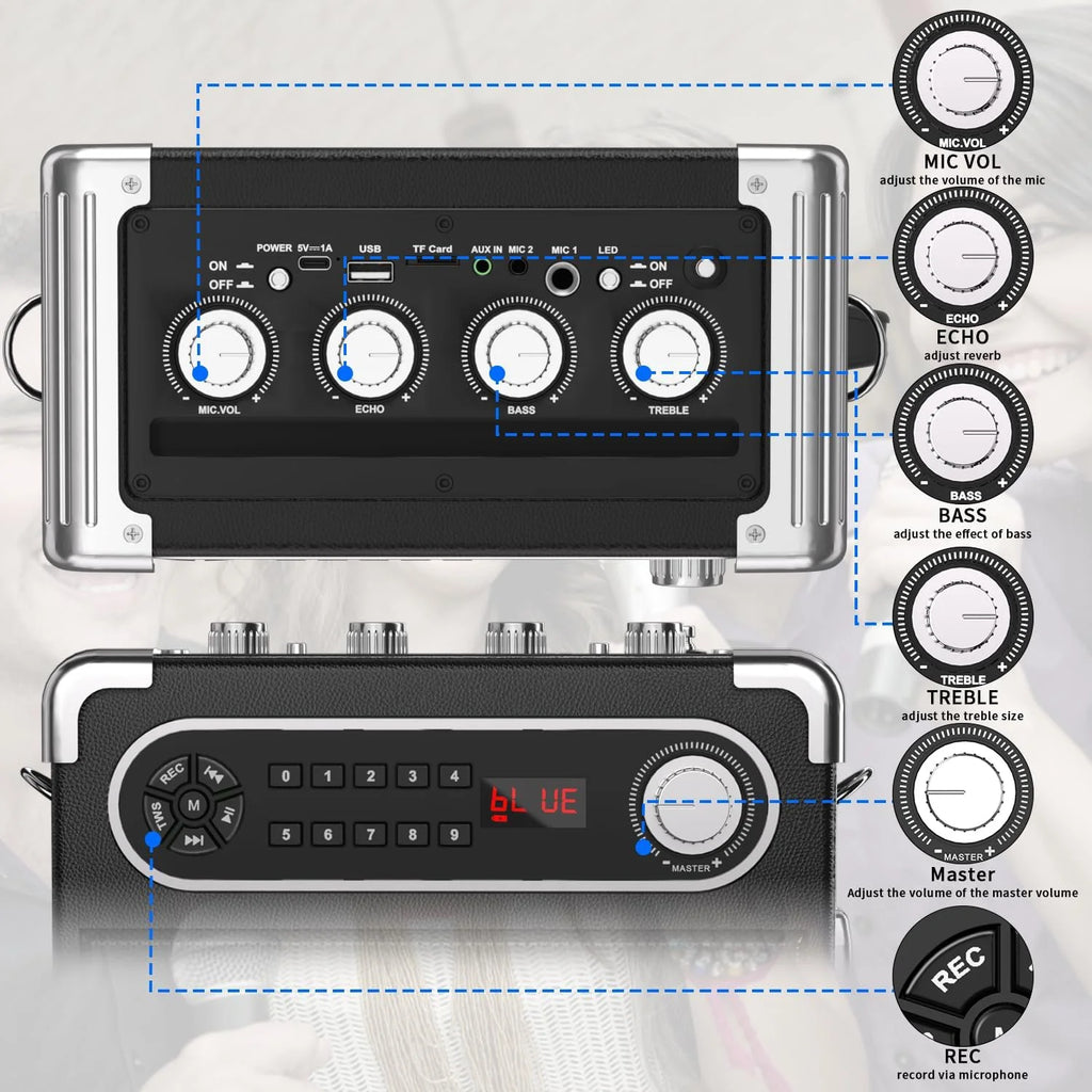 Karaoke Machine with 2 Wireless Microphones, Bluetooth Speaker J5747