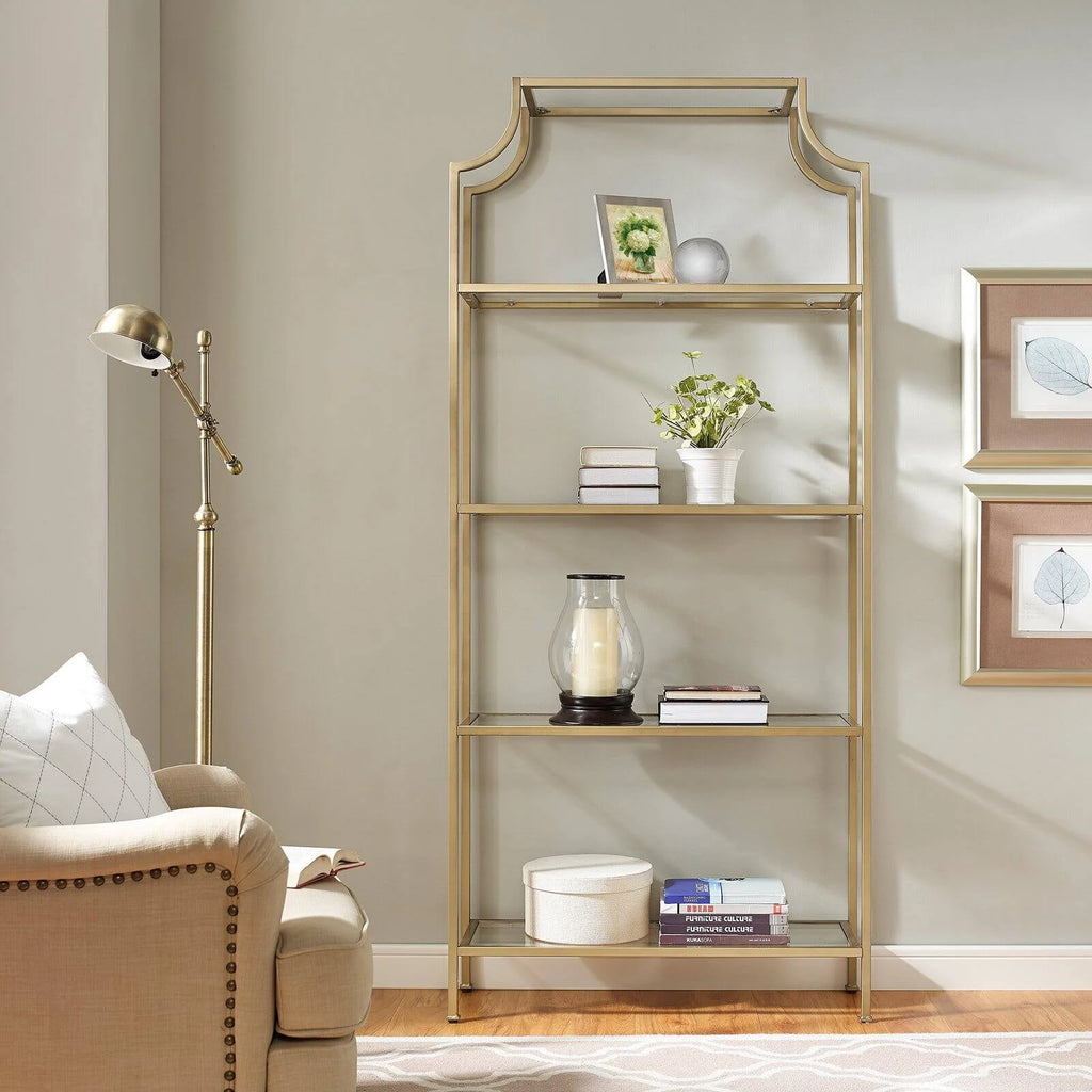 Antique Gold 4 Shelf Glass Metal Etagere Bookcase P6253