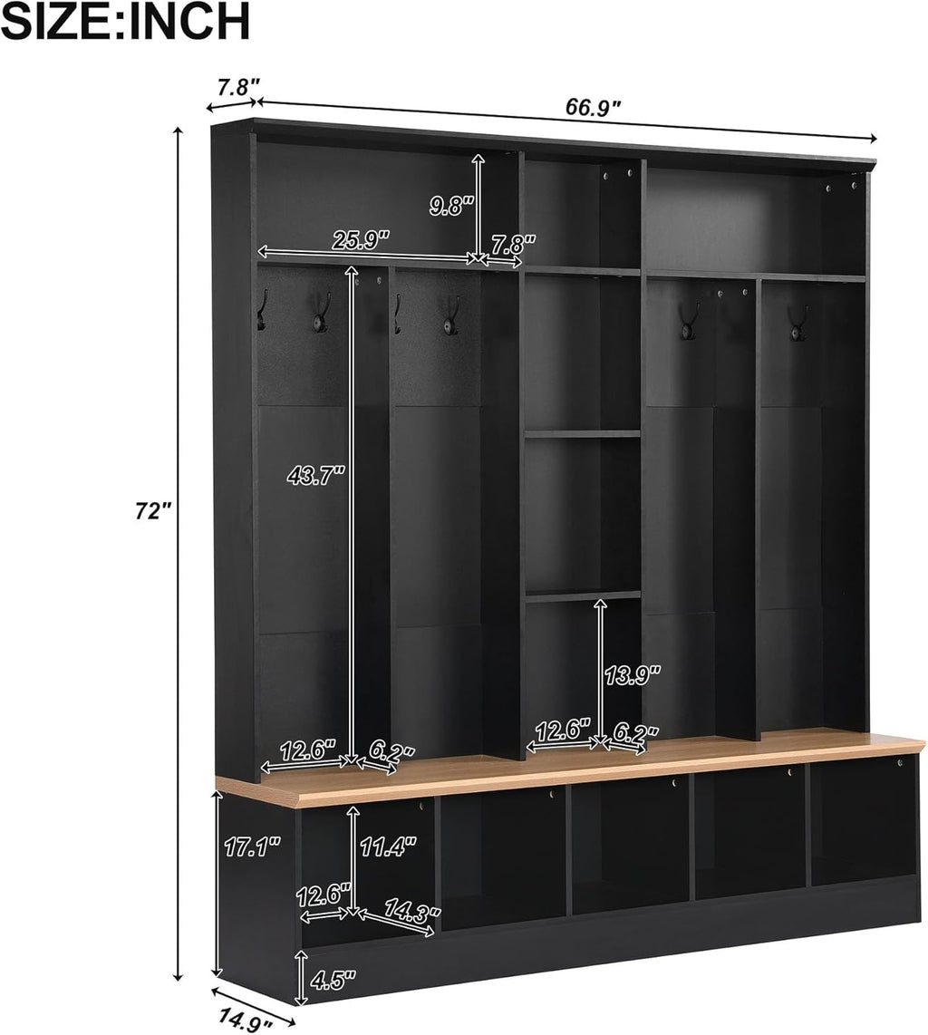 Black Hall Tree with Storage Bench and 8 Hooks I537305