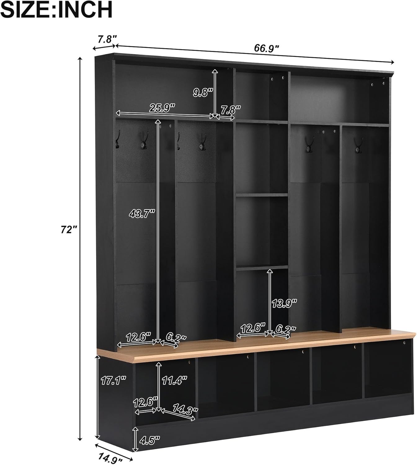 Black Hall Tree with Storage Bench and 8 Hooks I537305