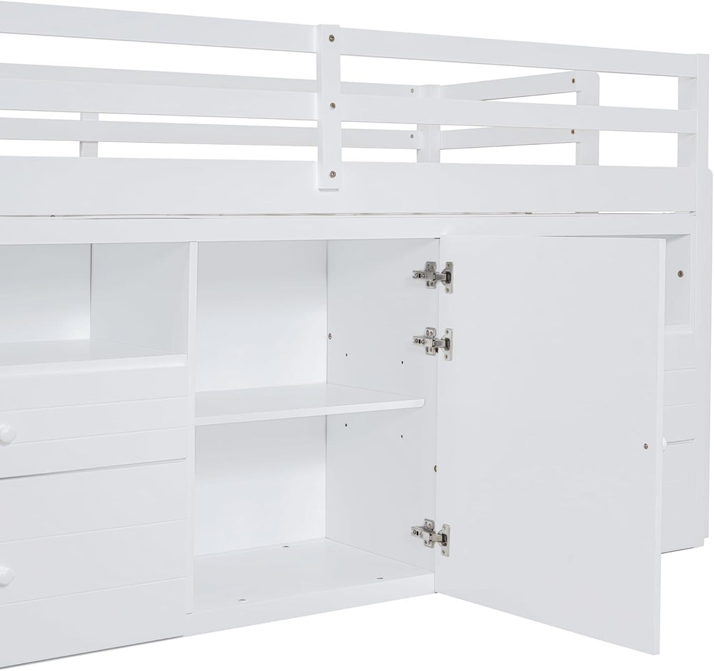 White Wooden Twin Size Loft Bed with 4 Drawers W35536