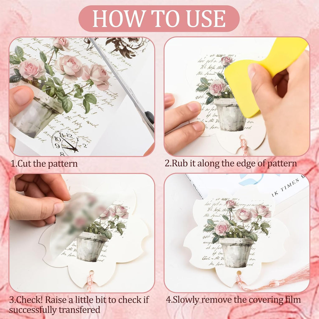 Vintage Pink Rose Waterproof Transfer Stickers, 10 Sheets, 11.8 * 3.9in E232101