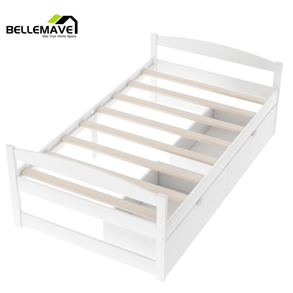 White Twin Size Platform Bed with 2 Drawers N820